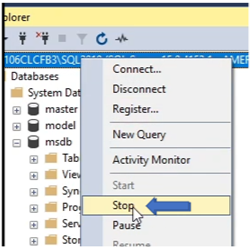 SQL Server Management Studio에서 SQL Server 서비스를 시작하거나 중지할 수 있는 위치를 표시합니다. 