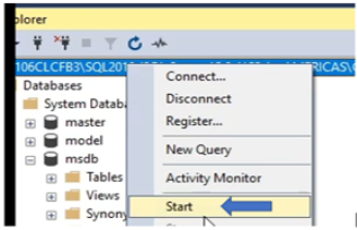 Wordt weergegeven waar in SQL Server Management Studio de SQL Server Service opnieuw kan worden gestart. 