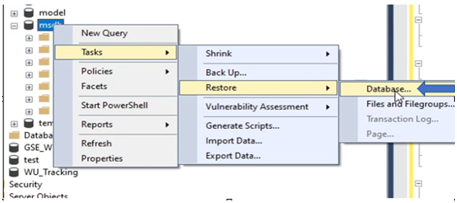 顯示在 SQL Server Studio Manager 中還原 MSDB 資料庫的步驟。 