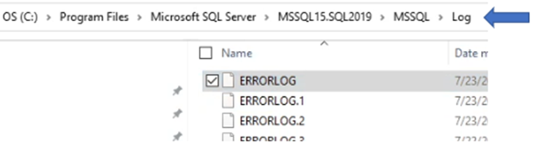 Skärmbild av SQL Server-felloggen
