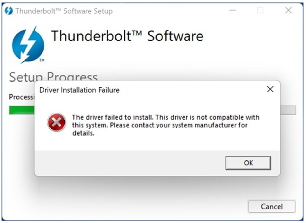 Messaggio di installazione del driver del software Thunderbolt non riuscita