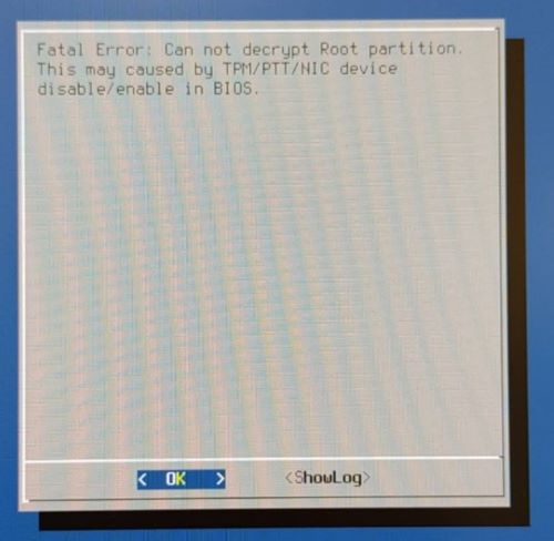 Error irrecuperable: No se puede descifrar la partición raíz