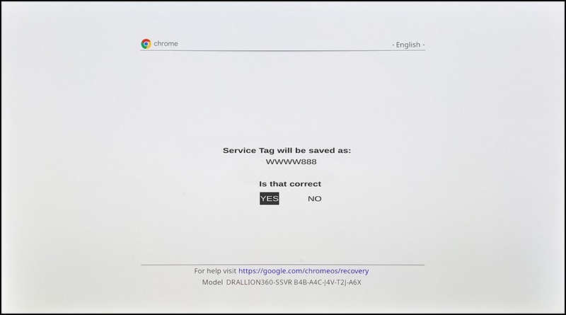 Dokončení procesu RMA v&nbsp;systému ChromeOS s&nbsp;výrobním číslem, možnost Yes a&nbsp;No
