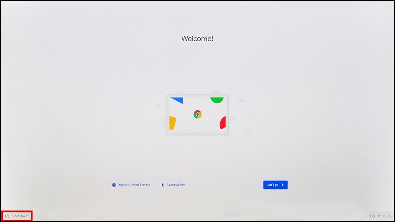 Možnost Shut Down na uvítací obrazovce systému ChromeOS