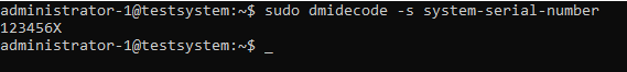 Linux OS（Ubuntu 分发）— CLI 提示符 — sudo dmidecode -s system-serial-number