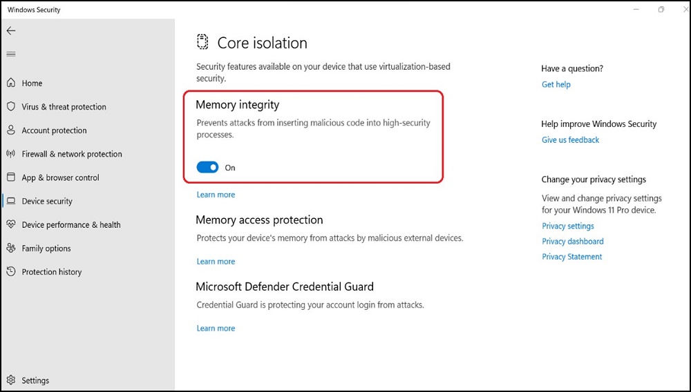 Opzione attiva della finestra Windows Core Isolation