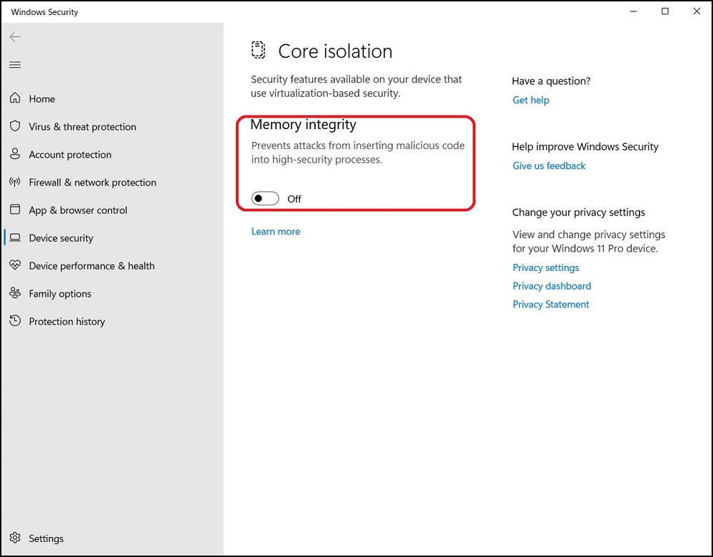 Opzione disattivata della finestra Windows Core Isolation