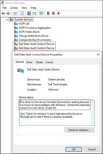 重复的 Dell Data Vault Control Device 带有黄色感叹号