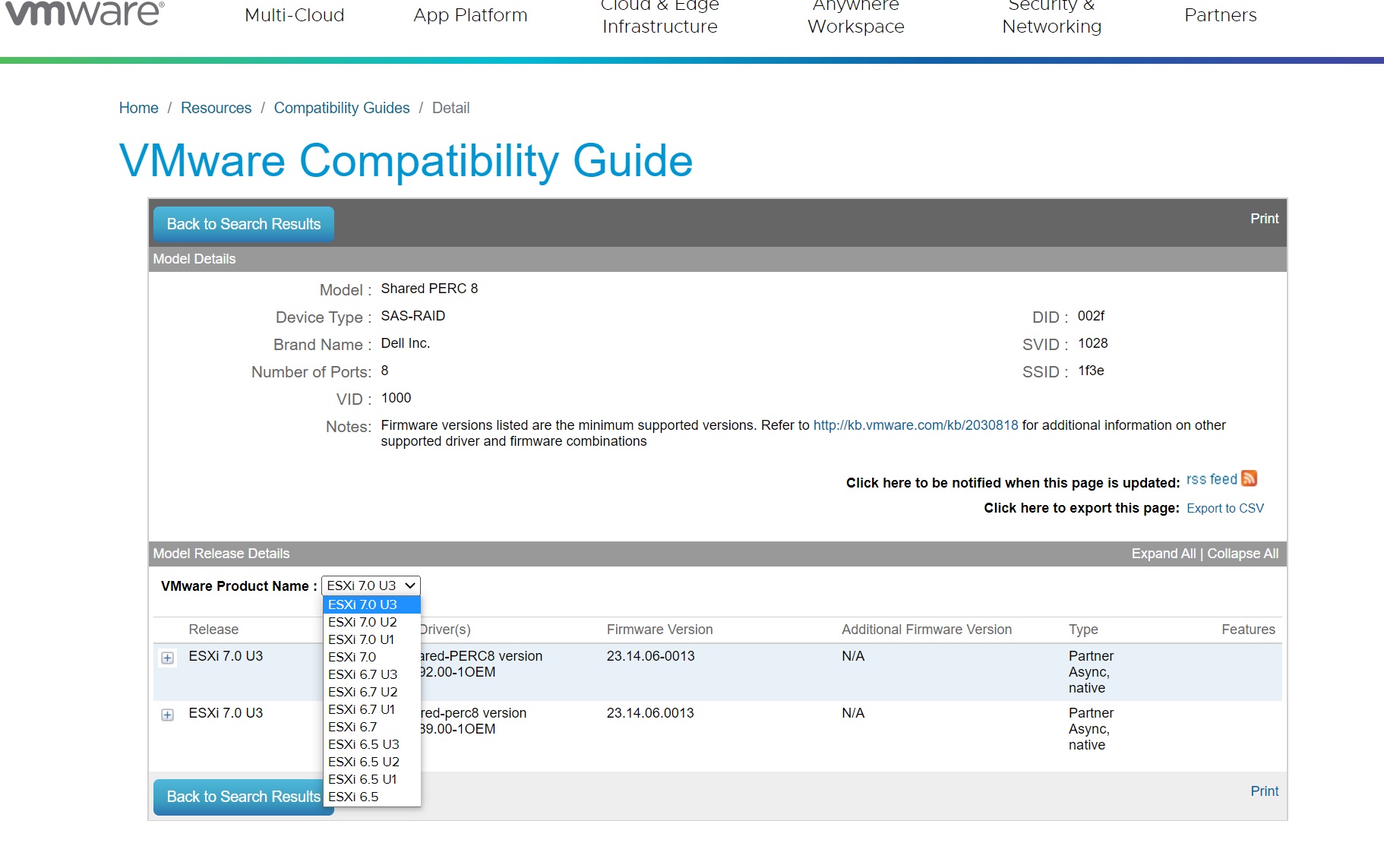 VMware-driverside, der ikke viser nogen 8.x-drivere