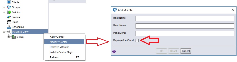 Selectievakje vCenter-resource geïmplementeerd in cloud