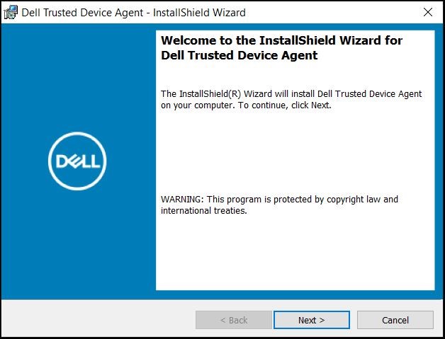 Úvodní obrazovka instalačního programu nástroje Dell Trusted Device