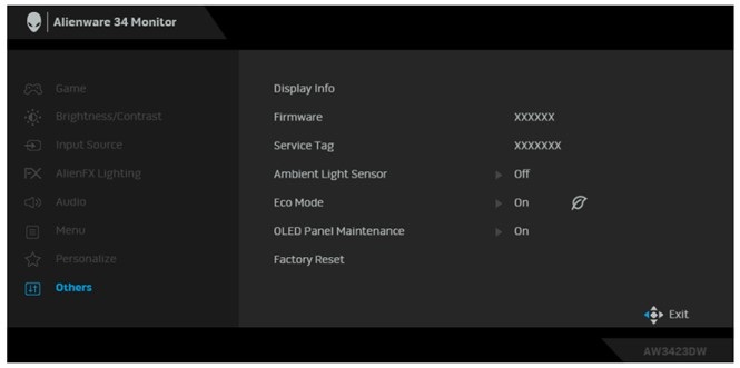 Alienware AW3423DWF Gaming 顯示器的螢幕顯示功能表
