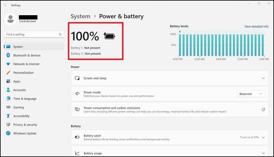 電源とバッテリーのWindows設定