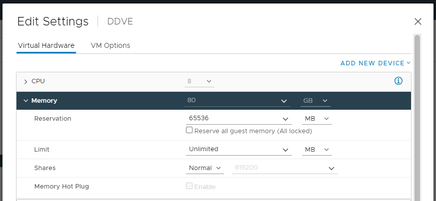 DDVE shows the correct amount of memory configured