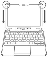 タブレットの角を持ち、押し下げます