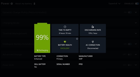 Informace o baterii v nástroji Dell Optimizer