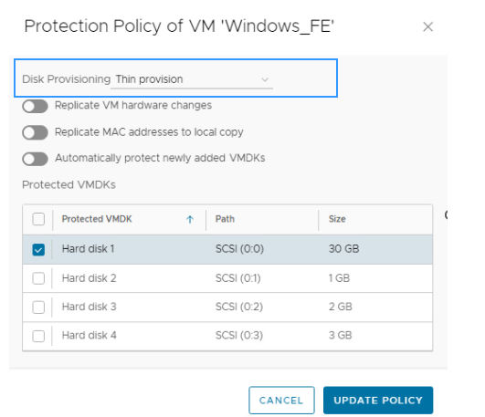 Policy setting to set disk provisioning to THIN