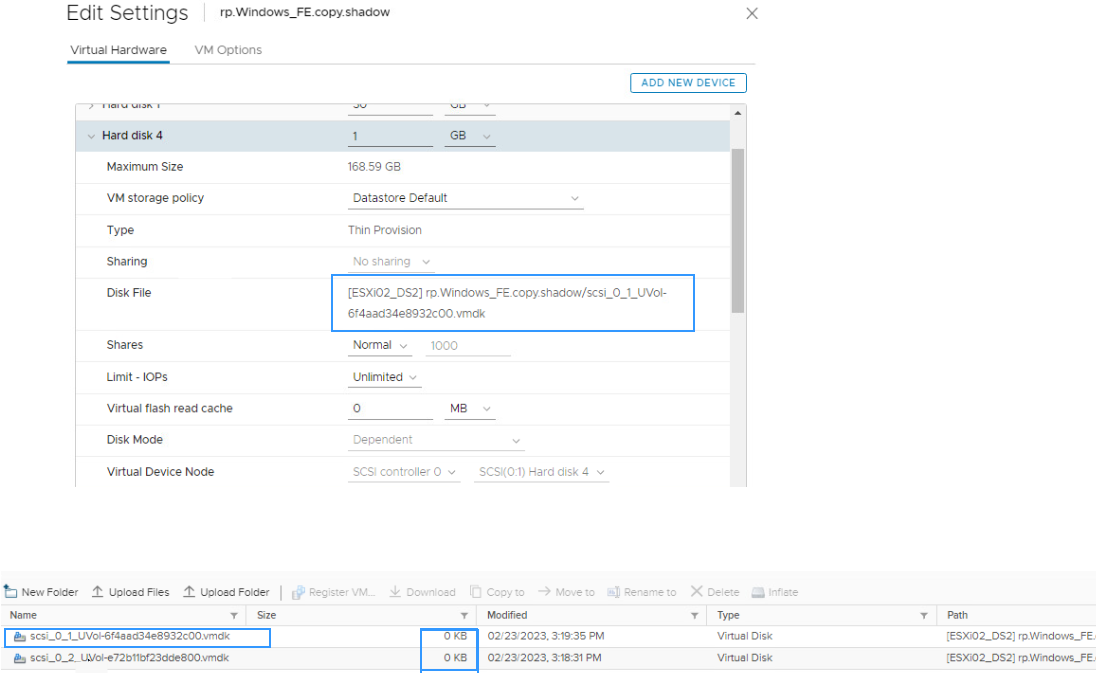 VM setting swith disk space showing zero space utilization