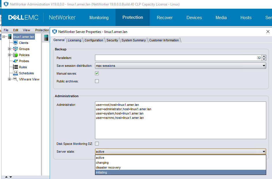 Networker administration screen