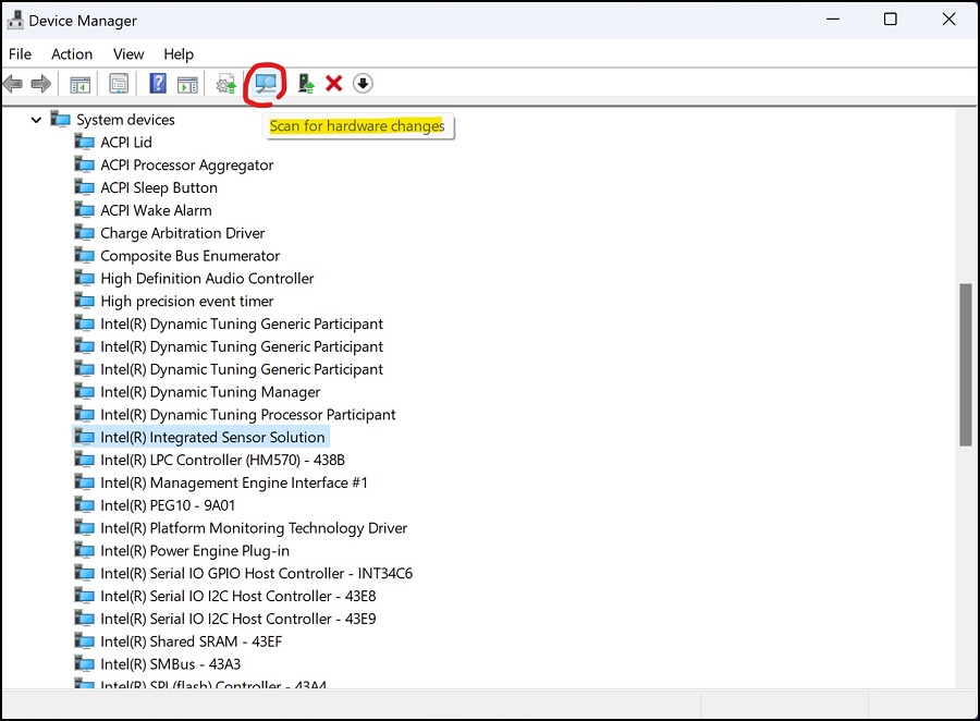 Диспетчер устройств Windows сканирует изменения оборудования