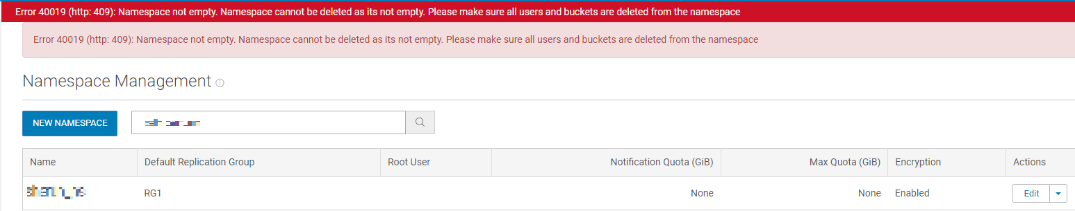 Namespace kann nicht gelöscht werden, da er nicht leer ist.