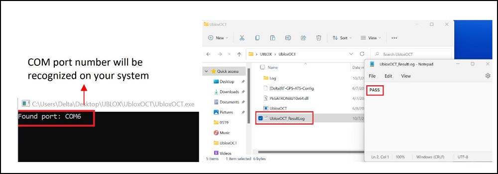 Číslo portu COM příkazového řádku a složka UBLOXOCT v Průzkumníkovi Windows