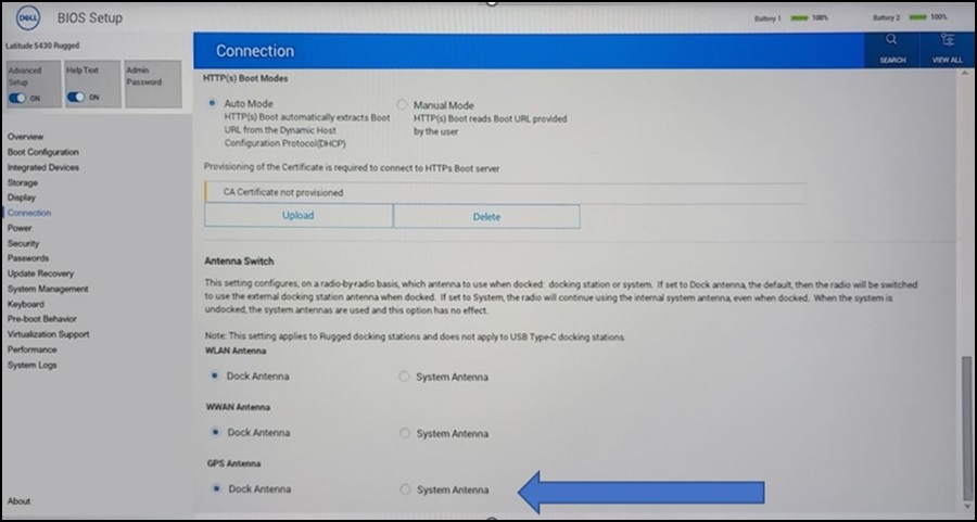 Latitude 5430 Rugged Configuration du BIOS, connexion GPS Antenne en option