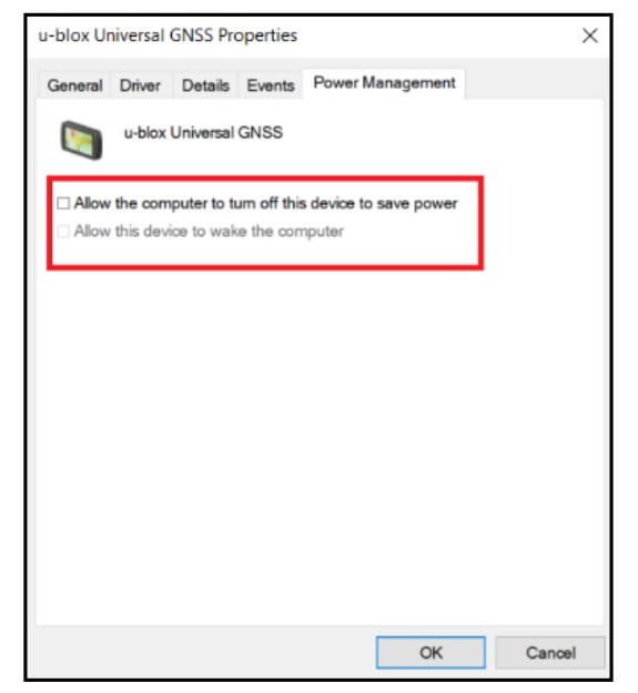Propriétés GNSS universelles u-blox du Gestionnaire de périphériques Windows