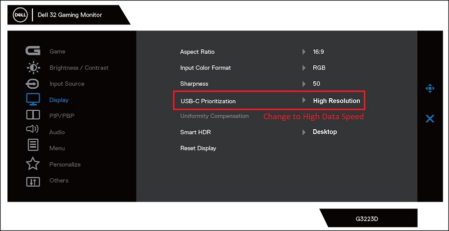 Menu de exibição na tela do monitor Dell, priorização USB-C