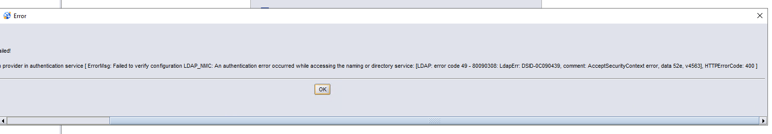 访问命名或目录服务时发生身份验证错误。LDAP error 49， data 52e