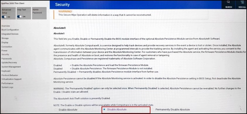 Dell OptiPlex BIOS, nabídka Security Configuration, zakázat Absolute