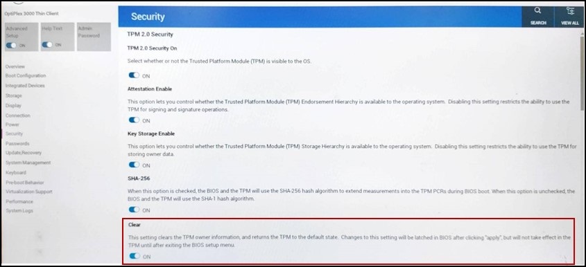 Dell OptiPlex BIOS, nabídka Security Configuration, vymazání TPM 2.0 Security