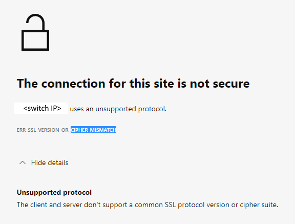 Screenshot of Error Message Showing Connection Not Secure, Unsupported Protocol