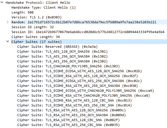 Näyttökuva Wireshark-vedoksen kättelyvirheestä
