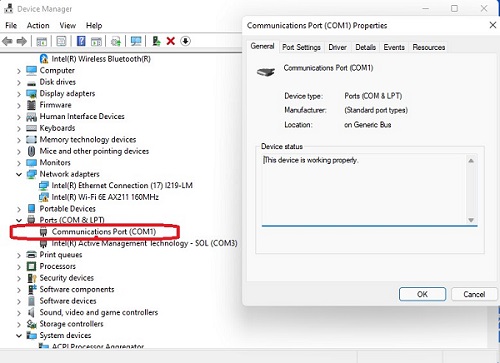 COM port device entry in Device Manager