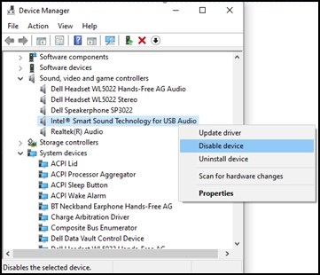 Ve Správci zařízení systému Windows zakažte technologii Intel Smart Sound Technology pro zvuk USB