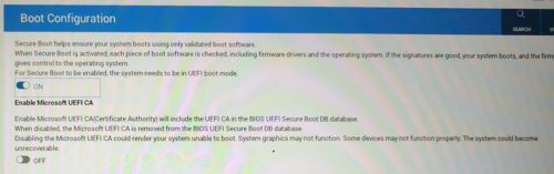 Toggle On Enable Microsoft UEFI CA