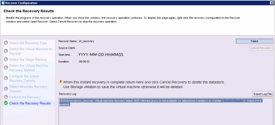 Screenshot of&nbsp;Disaster Recovery vProxy IA Error