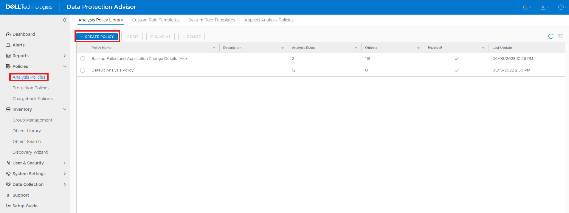 Data Protection Advisor&nbsp;UI > Policies&nbsp;category > Analysis Policies > + CREATE POLICY