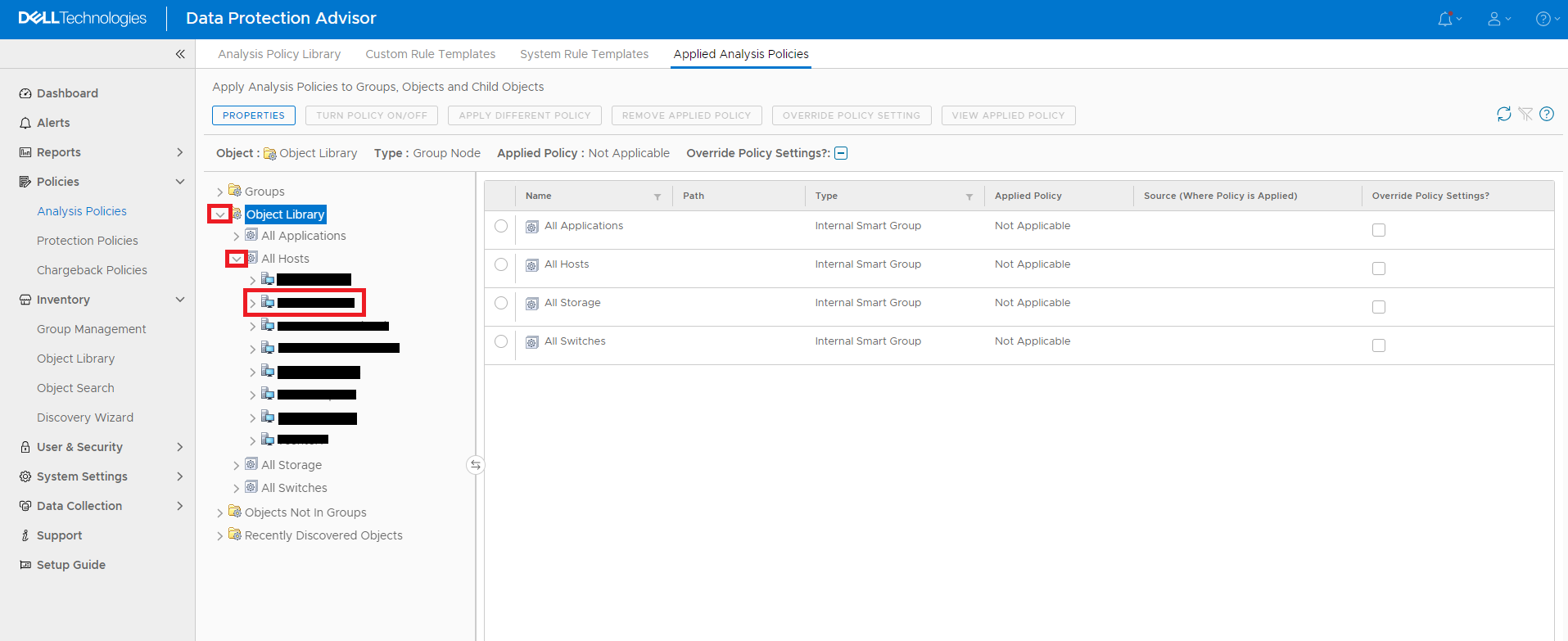 Expand the Object Library&nbsp;> All Hosts > DPA Datastore&nbsp;server