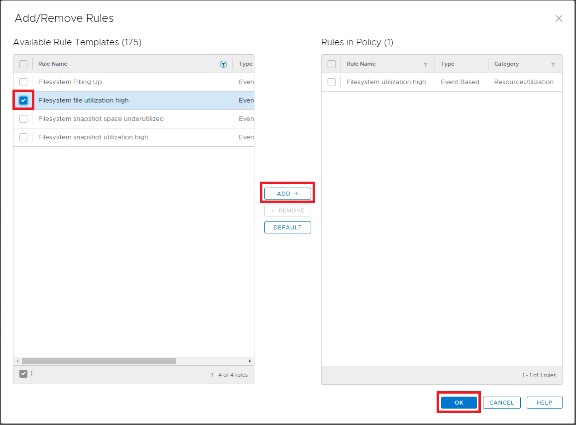 Check the Filesystem file Utilization high box and click the ADD -->&nbsp;button