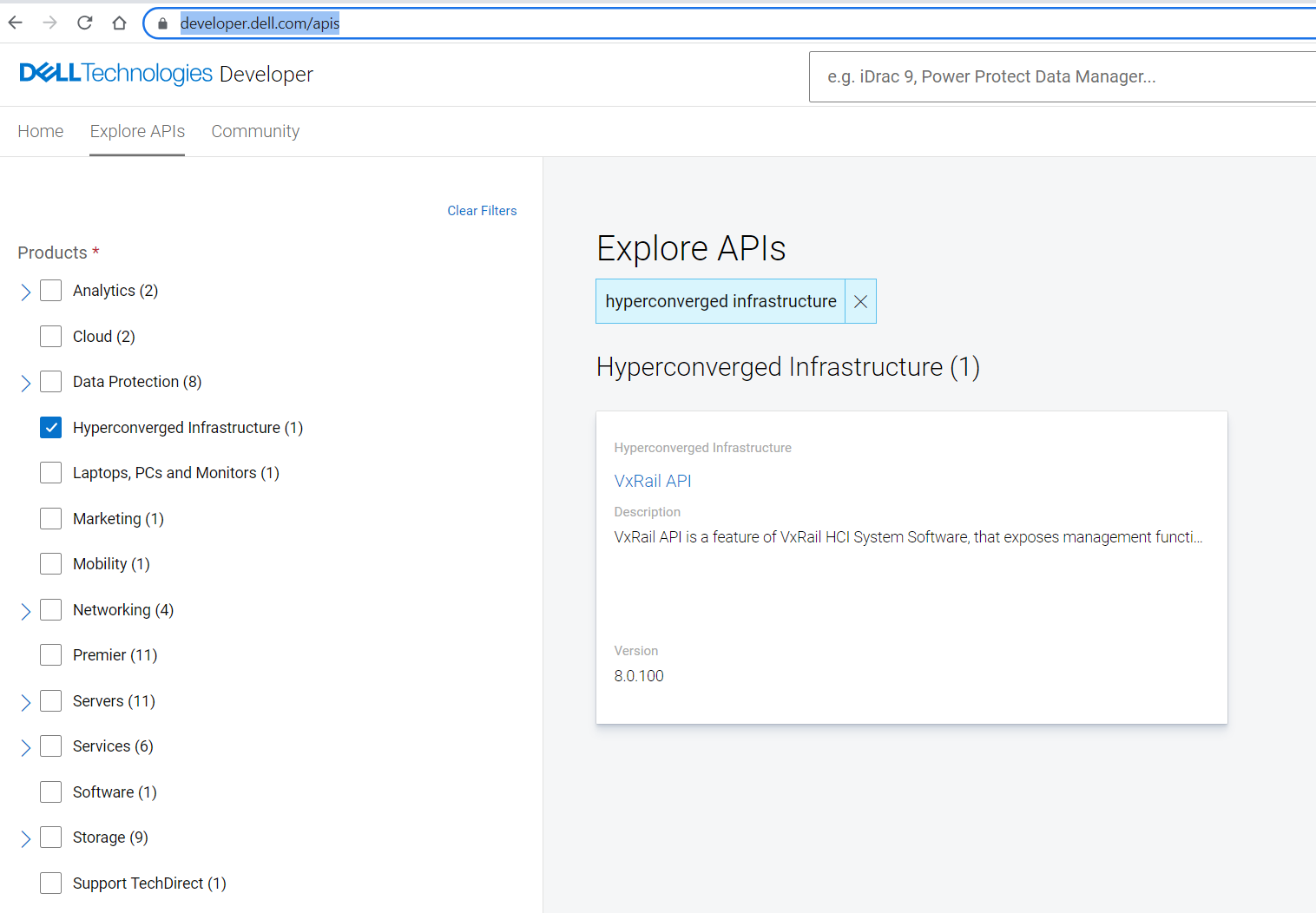 Página de inicio de https://developer.dell.com/apis
