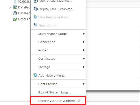 reconfigure for vSphere HA from VCSA