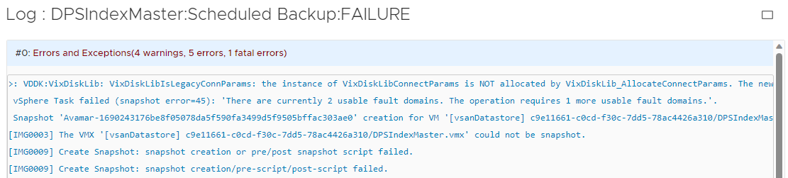 DPSIndexMaster log shows FAILURE