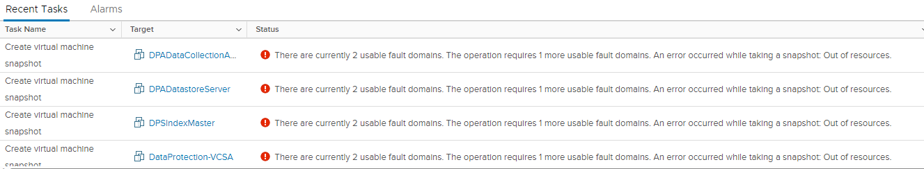 Alarms seen in vSphere, There Are Currently 2 Usable Fault Domains. The Operation Requires 1 More Usable Fault Domains.