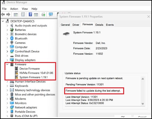 Správce zařízení systému Windows s chybou firmwaru