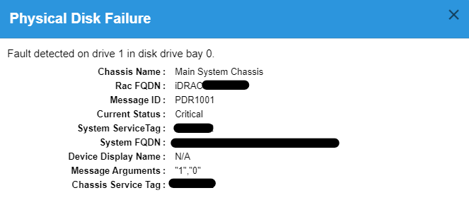 Screenshot of "Physical Disk Failure Fault detected on drive x in disk drive bay x"&nbsp;message.