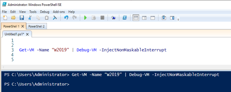 From an Administrative PowerShell window run "Get-VM -Name “W2019” | Debug-VM -InjectNonMaskableInterrupt" command
