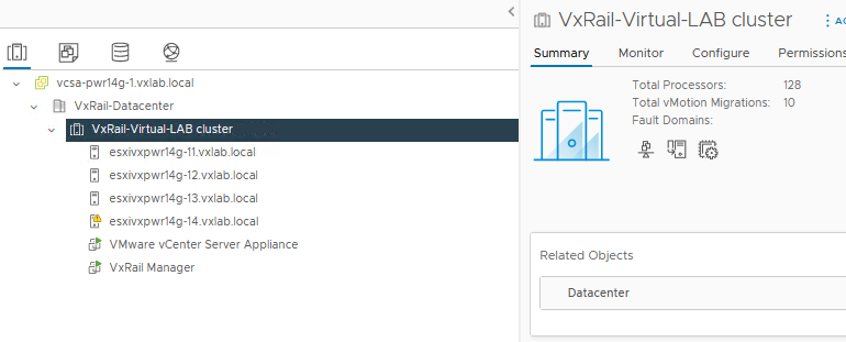 Screenshot showing the host/cluster view in vSphere after logging in.