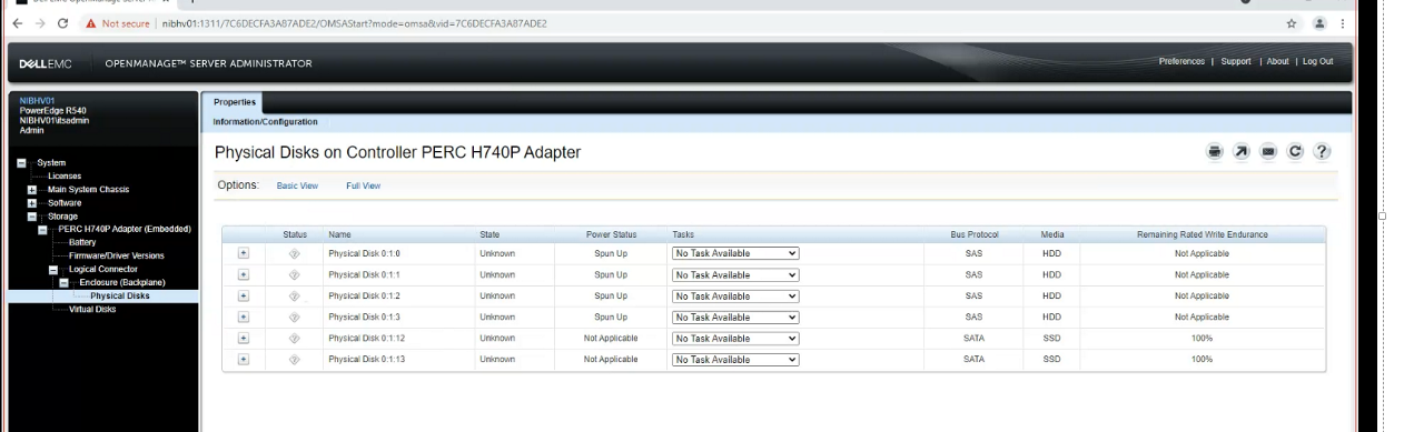 OpenManage Server Administratorでディスクの状態が不明と表示される
